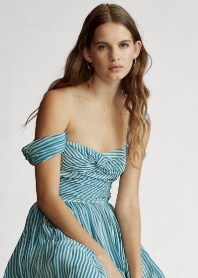 Vestidos Polo Ralph Lauren Mujer Azules Claro / Creme - Striped Fit-and-Flare - FIKQD2507